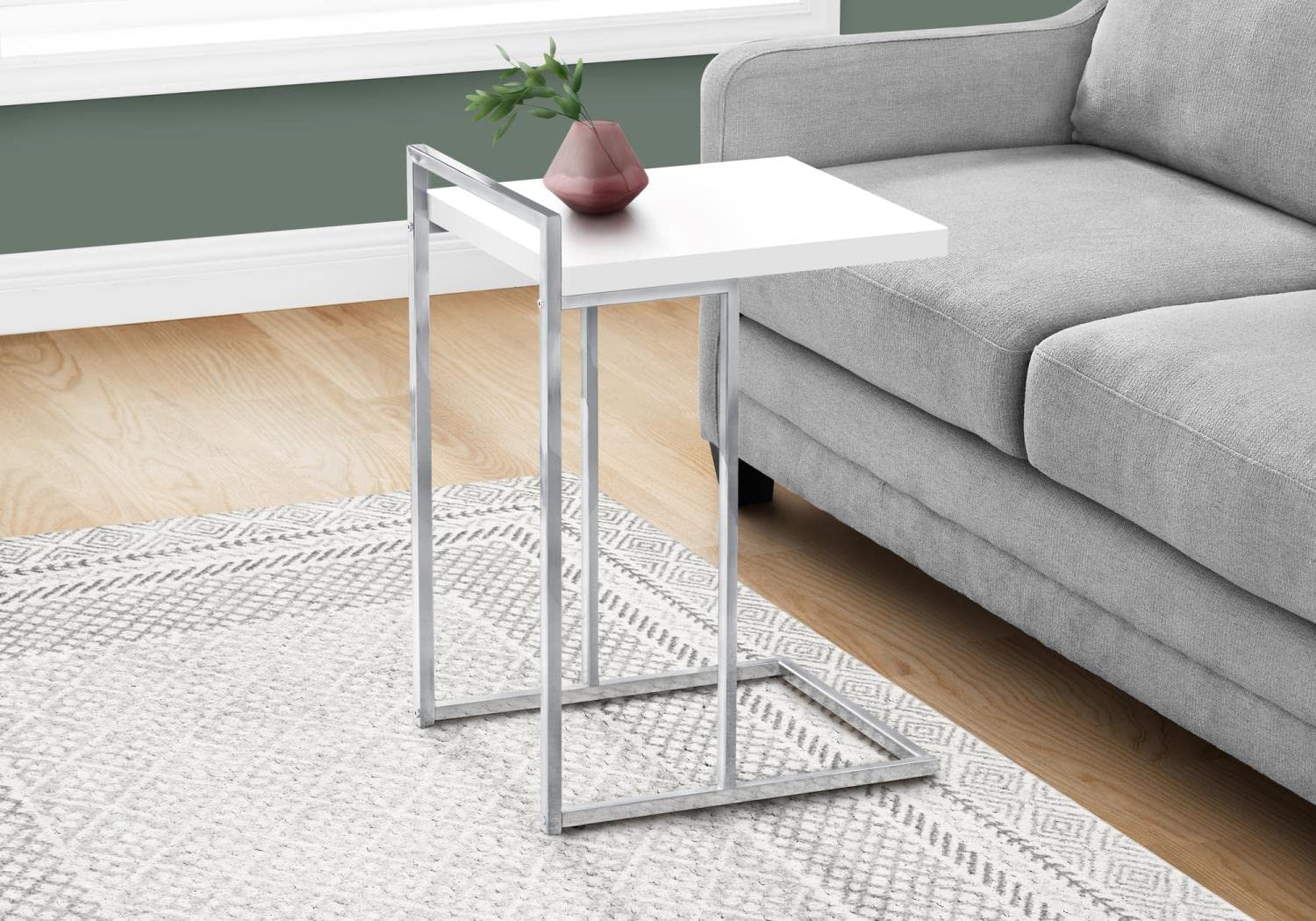 Monarch Specialties 3636 Accent Table, C-shaped, End, Side, Snack, Living Room, Bedroom, Laminate, Contemporary, Modern Table-25 H/Glossy White/Chrome Metal, 16" L x 18.25" W x 26.5" H